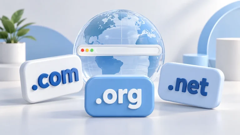 .com, .org and .net domain tiles in front of a globe and browser address bar.