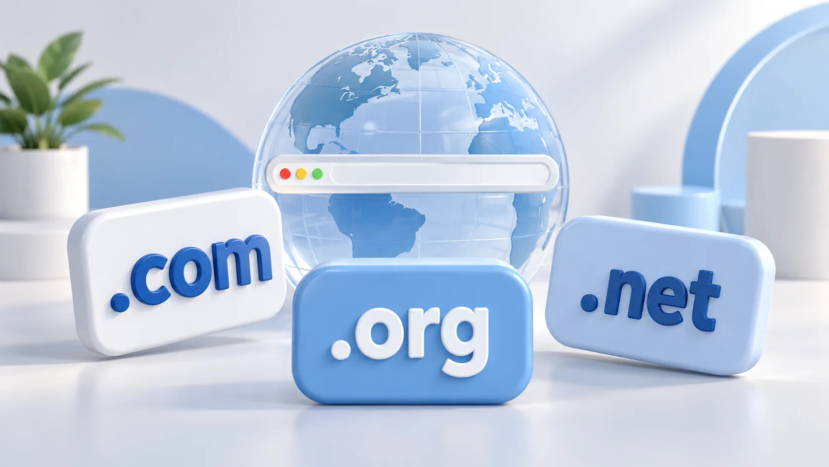 .com, .org and .net domain tiles in front of a globe and browser address bar.