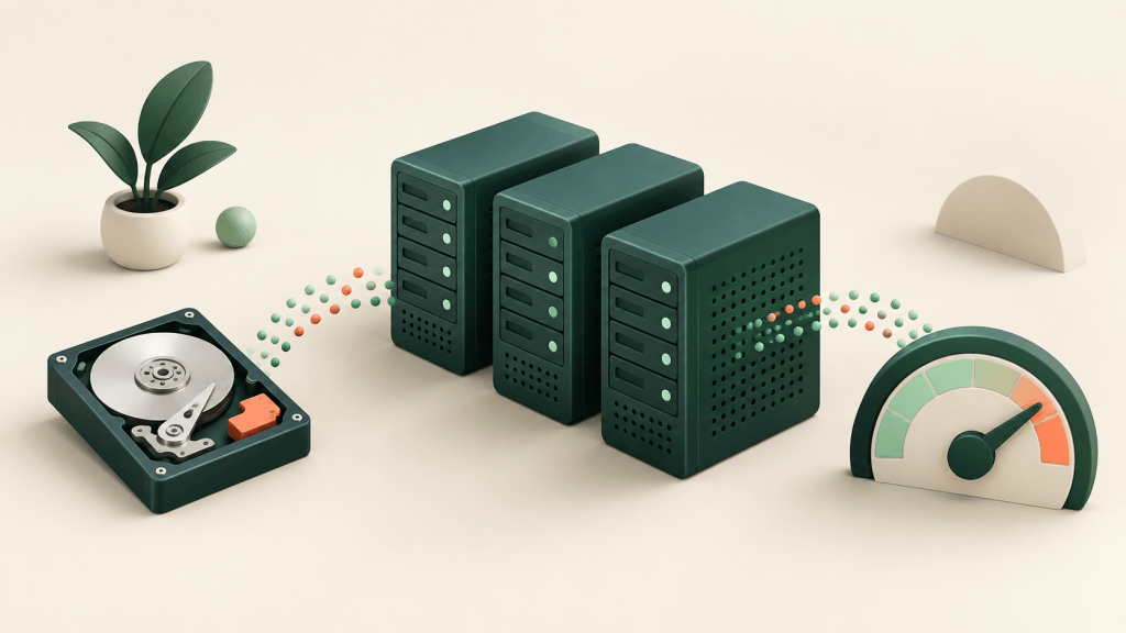 Servers, storage and a resource gauge illustrating hosting capacity